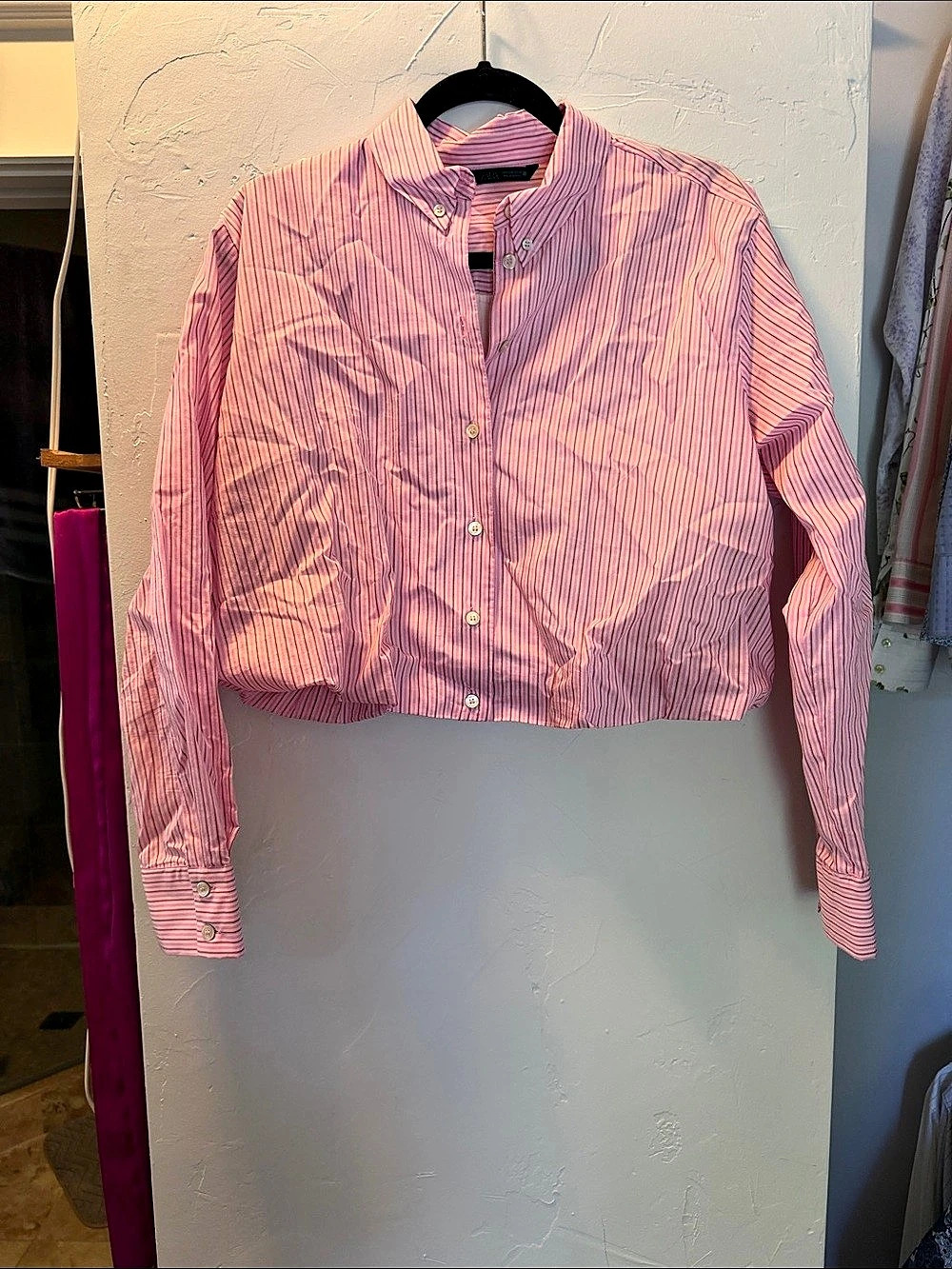 NWOT Zara Striped Cropped Button Down in Pink Brown & White